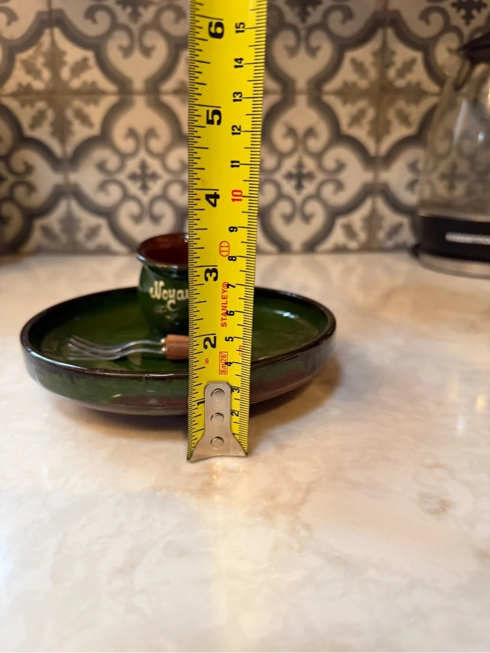 VINTAGE POTTERY- Green Olive Serving Dish with Tooth Pick Cup & Wooden Forks